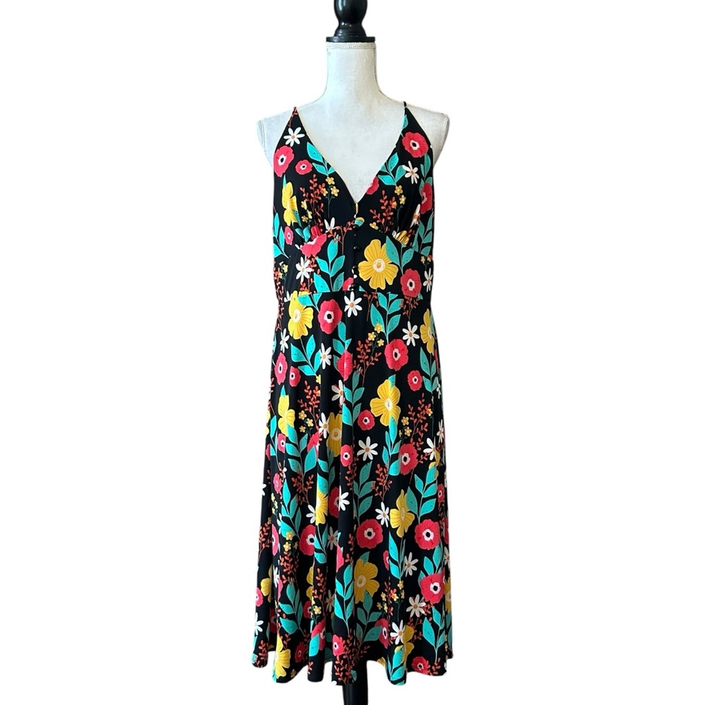 ModCloth V-neck Spaghetti Strap Floral Print Sun Dress Women’s SZ XL Black Multi